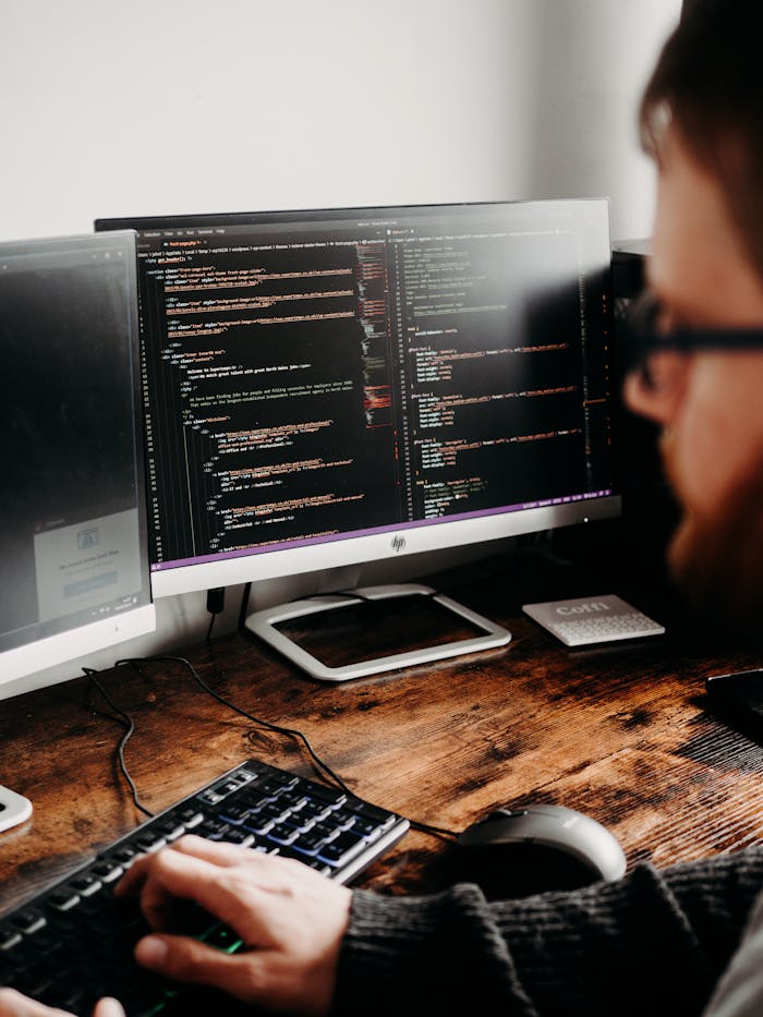 Mastering the First Impression: Your intriguing post title goes here Focused software developer at desk coding with multiple monitors in a modern workspace.